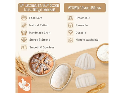 カバーリッドとライナー付きラタンブレッドバスケット サワードウツール発酵